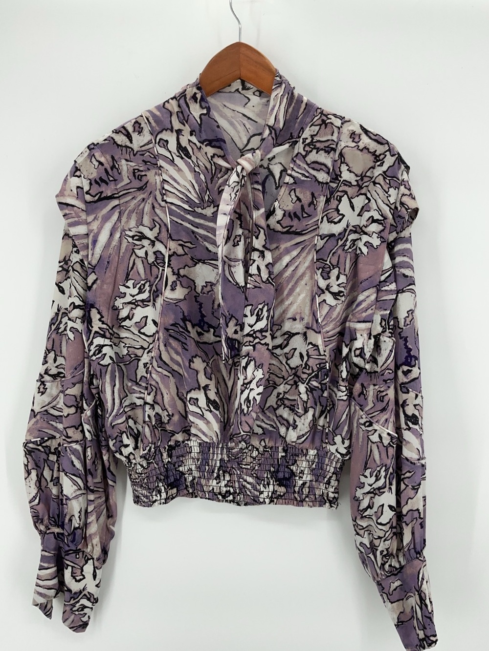 IRO Jonas 100%‎ Silk Abstract Print Tie Neck Blouse Purple Cream Size 36